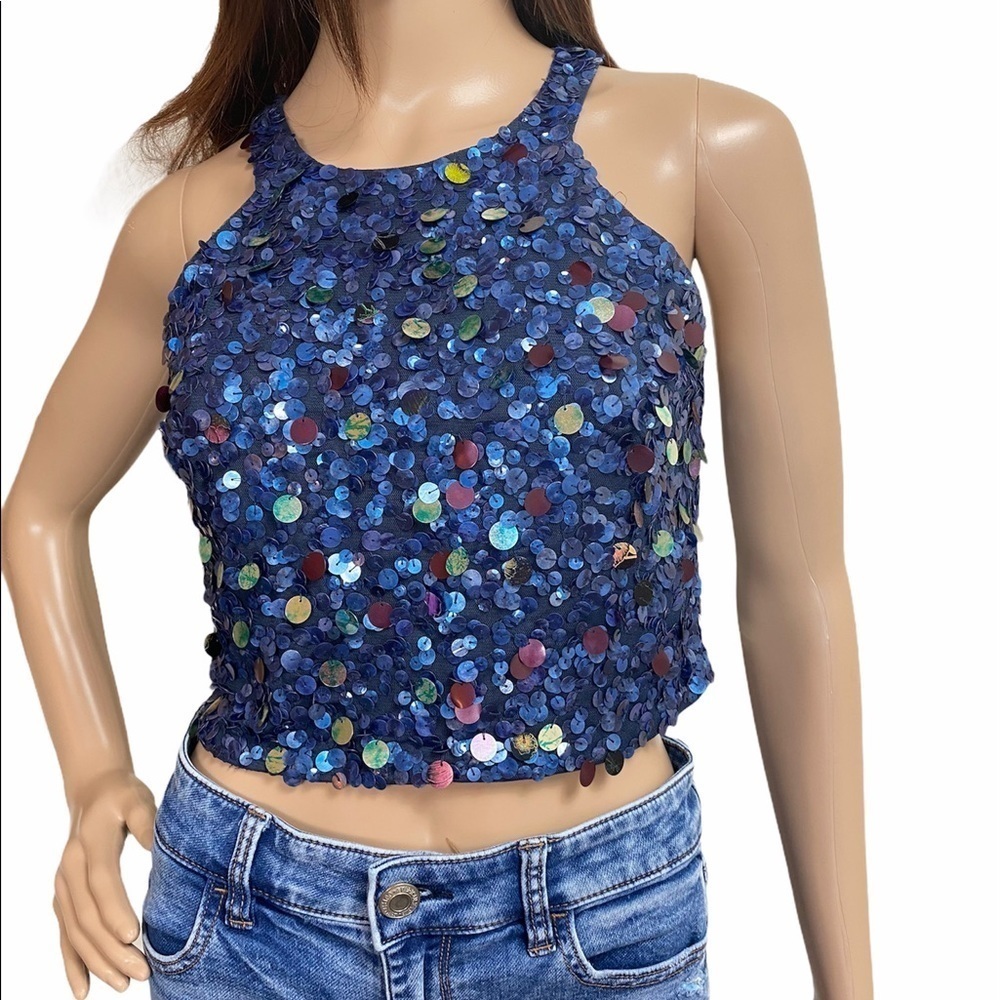 Adrianna Papell 4 sequins cropped top blue